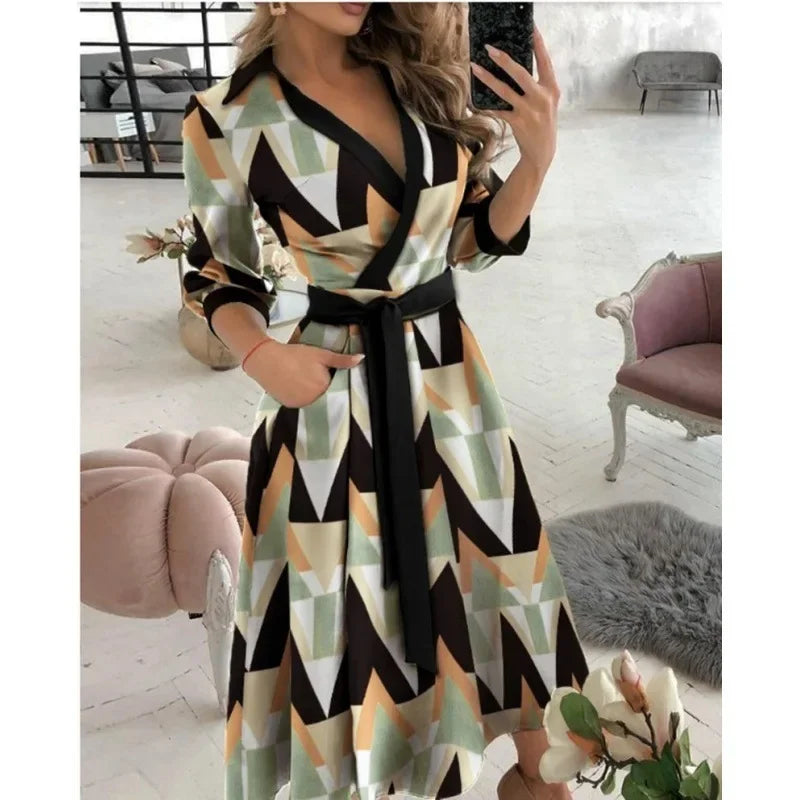 Collared V Neck Long Sleeve Tie Waist Pocket Flared Midi Dress