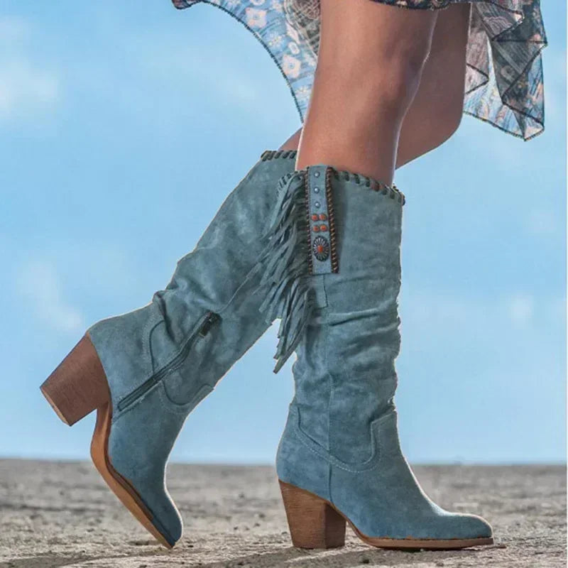 Suede Fringe Turquoise Stud Detail Slouch Block Heel Western Mid Calf Boot