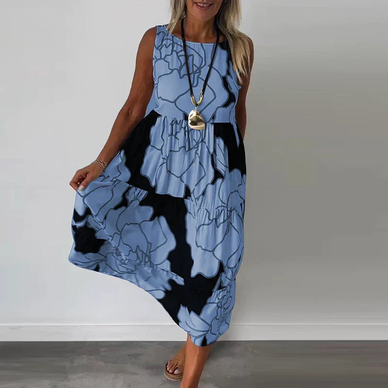 Floral Outline Print Sleeveless Gathered Casual Maxi Dress