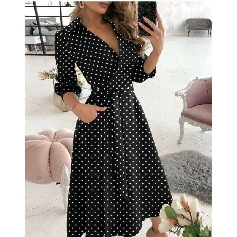 Collared V Neck Long Sleeve Tie Waist Pocket Flared Midi Dress