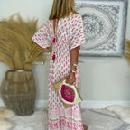 Floral Paisley V Neck Short Sleeve Tassel Trim Boho Maxi Dress