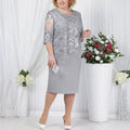 Floral Lace Overlay Three Quarter Sleeve Plus Size Midi Dress - Wedding Guest