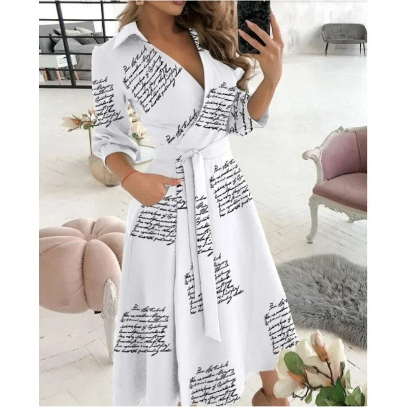 Collared V Neck Long Sleeve Tie Waist Pocket Flared Midi Dress