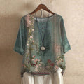 Vintage Floral Print Button Henley Relaxed Linen Blouse