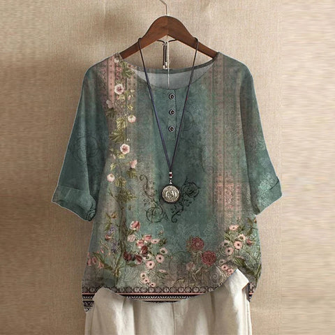 Vintage Floral Print Button Henley Relaxed Linen Blouse