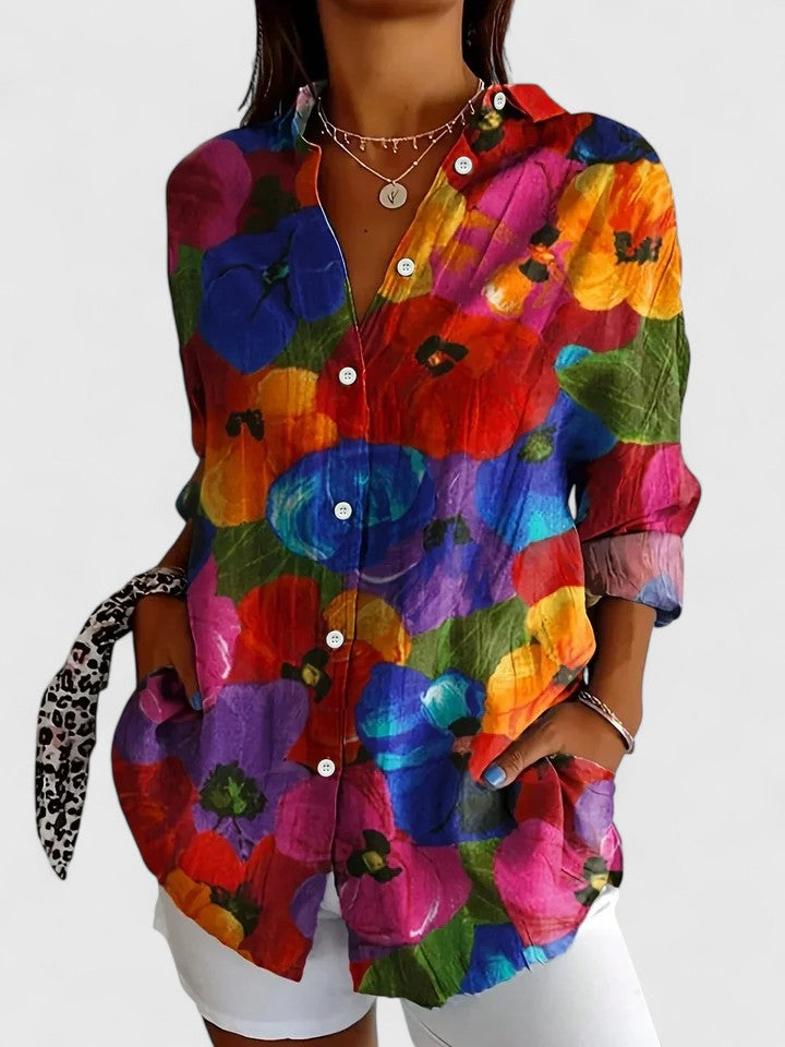 Floral Abstract Print Button Down Long Sleeve Blouse