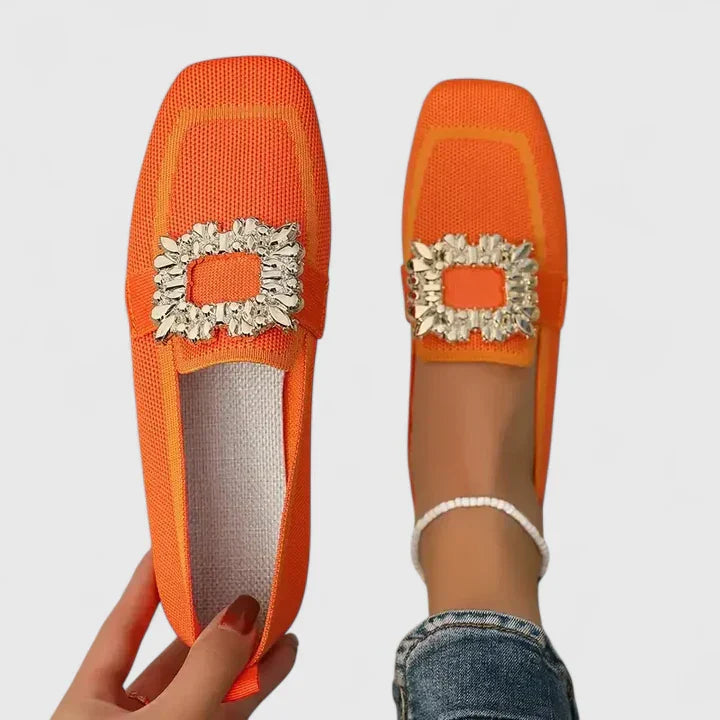 Jewelled Buckle Square Toe Contrast Trim Knit Loafer
