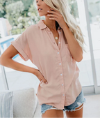Oversized Short Sleeve Pocket Button Down Casual Blouse