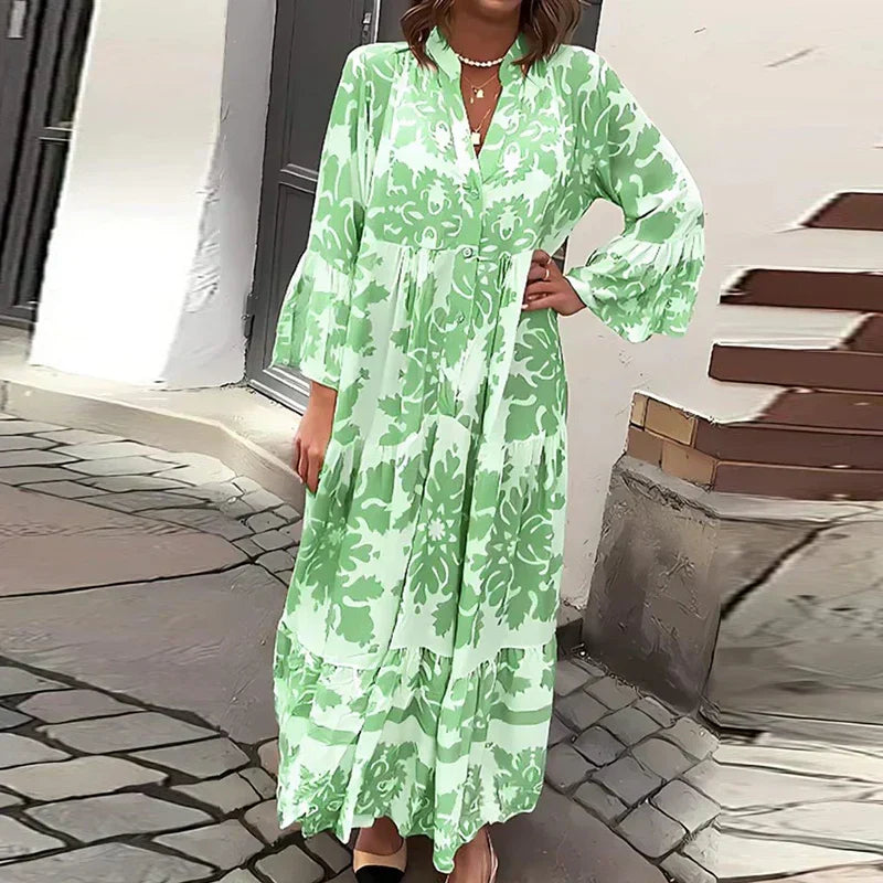 Baroque Floral Print V Neck Lantern Sleeve Tiered Boho Maxi Dress