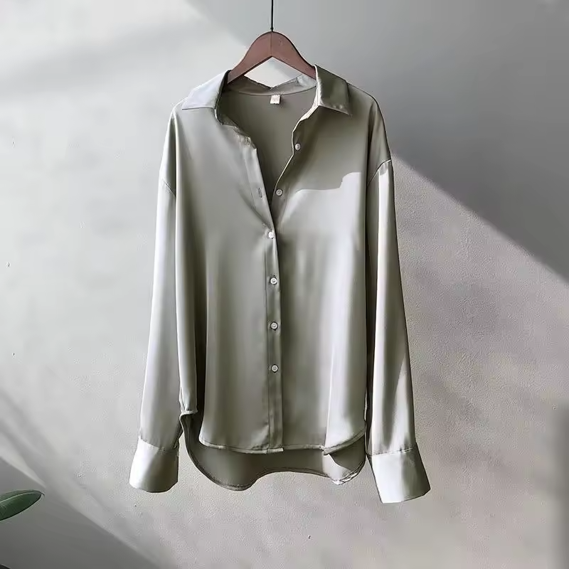 Satin Oversized Button Down Long Sleeve Relaxed Blouse