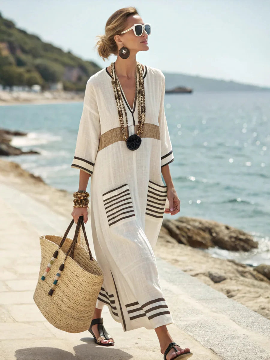 Striped Trim V-Neck Oversized Linen Beach Maxi Dress
