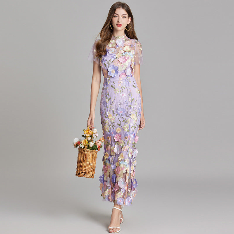 3D Floral Appliqué Sheer Mesh Bodycon Midi Dress - Wedding Guest
