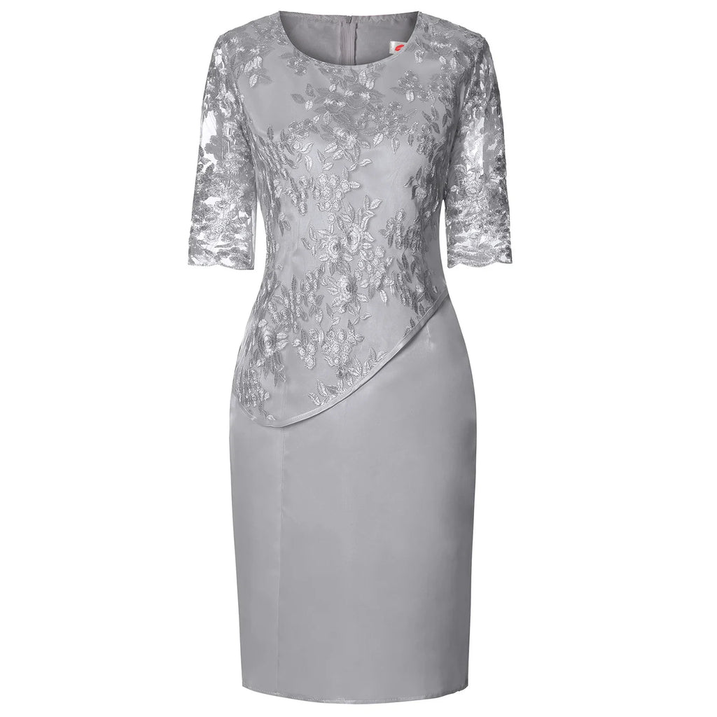 Floral Lace Overlay Three Quarter Sleeve Plus Size Midi Dress - Wedding Guest
