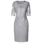 Floral Lace Overlay Three Quarter Sleeve Plus Size Midi Dress - Wedding Guest