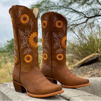 Sunflower Embroidered Scallop Collar Stacked Heel Western Boot