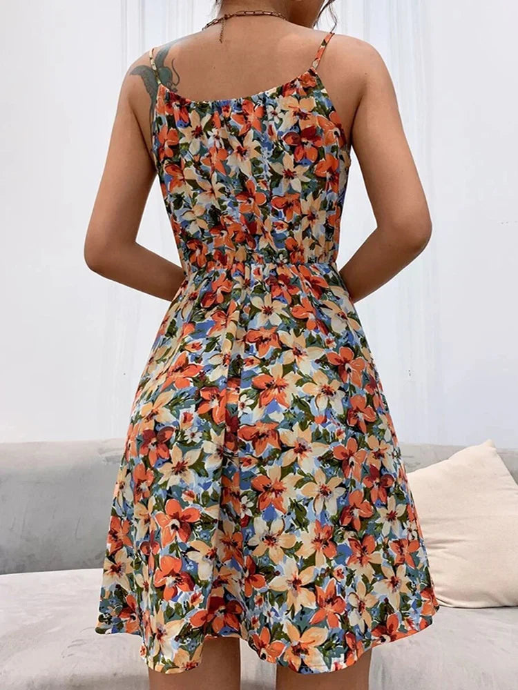 Floral Halter Neck Elasticated Waist A Line Sundress