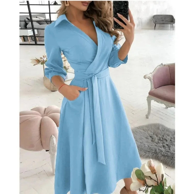 Collared V Neck Long Sleeve Tie Waist Pocket Flared Midi Dress