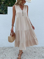 Sleeveless Button Front Tiered Casual Maxi Dresses