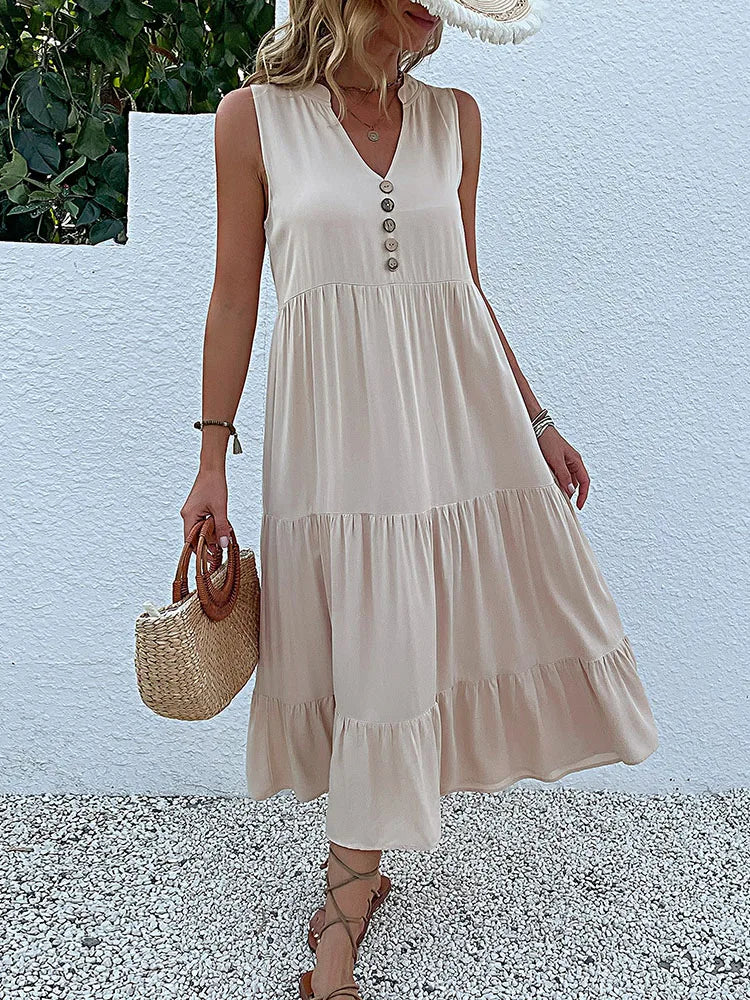 Sleeveless Button Front Tiered Casual Maxi Dresses