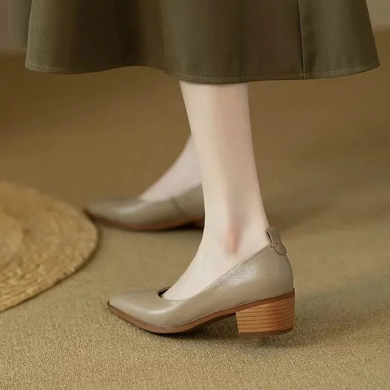 Leather Pointed Toe Slip On Mid Block Heel Court Shoe