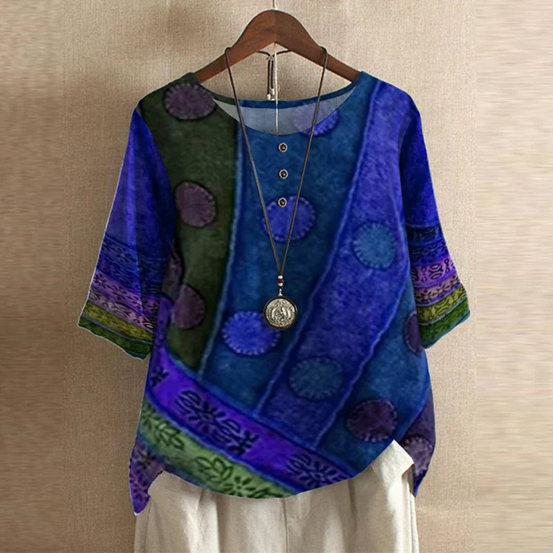 Vintage Floral Print Button Henley Relaxed Linen Blouse