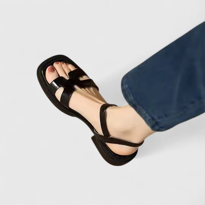 Cutout H-Strap Ankle Buckle Leather Flat Sandal