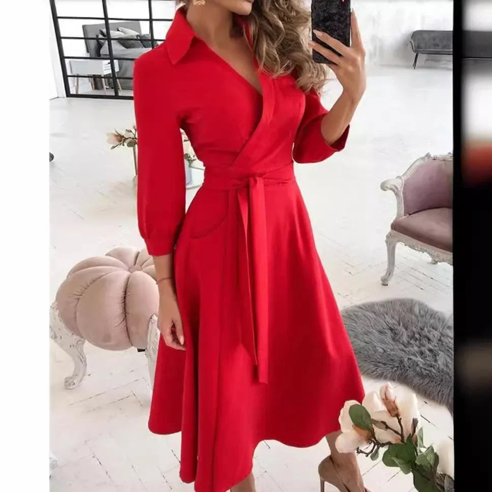 Collared V Neck Long Sleeve Tie Waist Pocket Flared Midi Dress