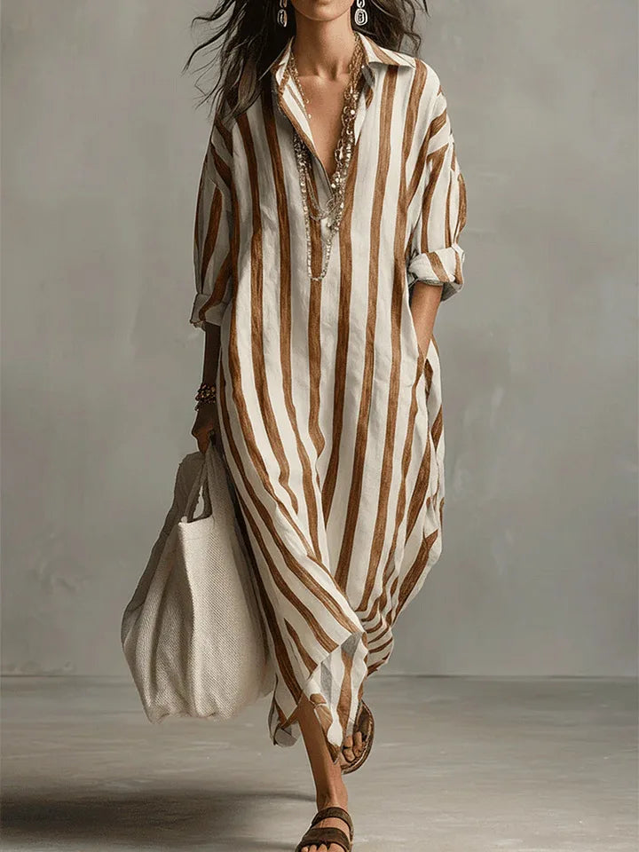Striped Collared Oversized Casual Linen Maxi Dress