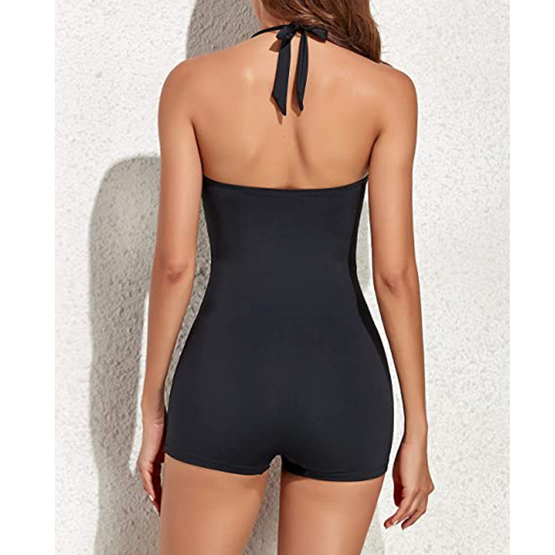 Ruched Halter Sweetheart Boyleg One Piece Swimsuit