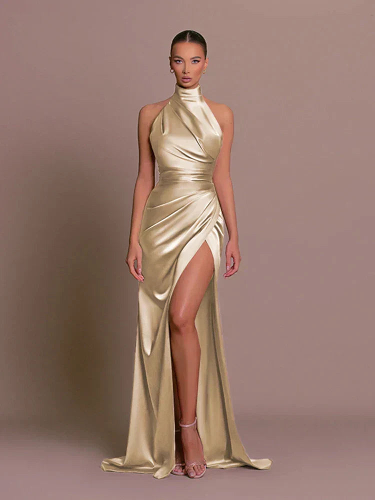 Satin Halter Neck Ruched Waist High Split Bodycon Maxi Dress - Formal Evening Gown