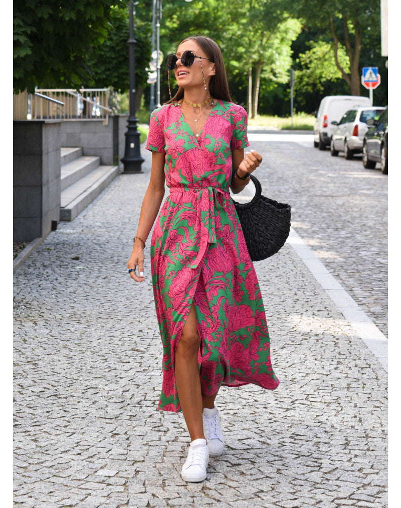 Floral Wrap Tie Waist Short Sleeve Asymmetric Midi Dress