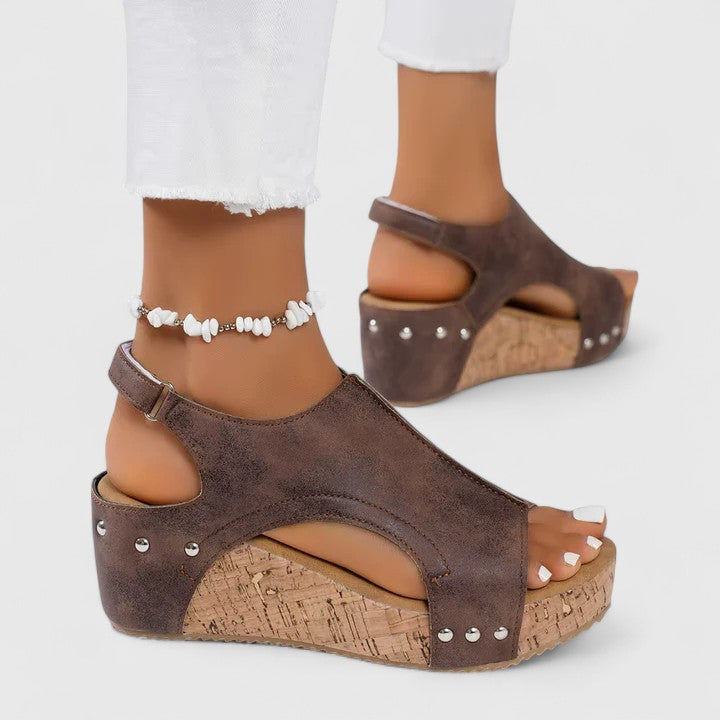 Studded Cutout Cork Wedge Sandals