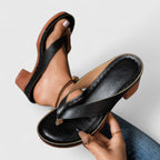 Leather Toe Loop Slip On Wooden Block Heel Sandal