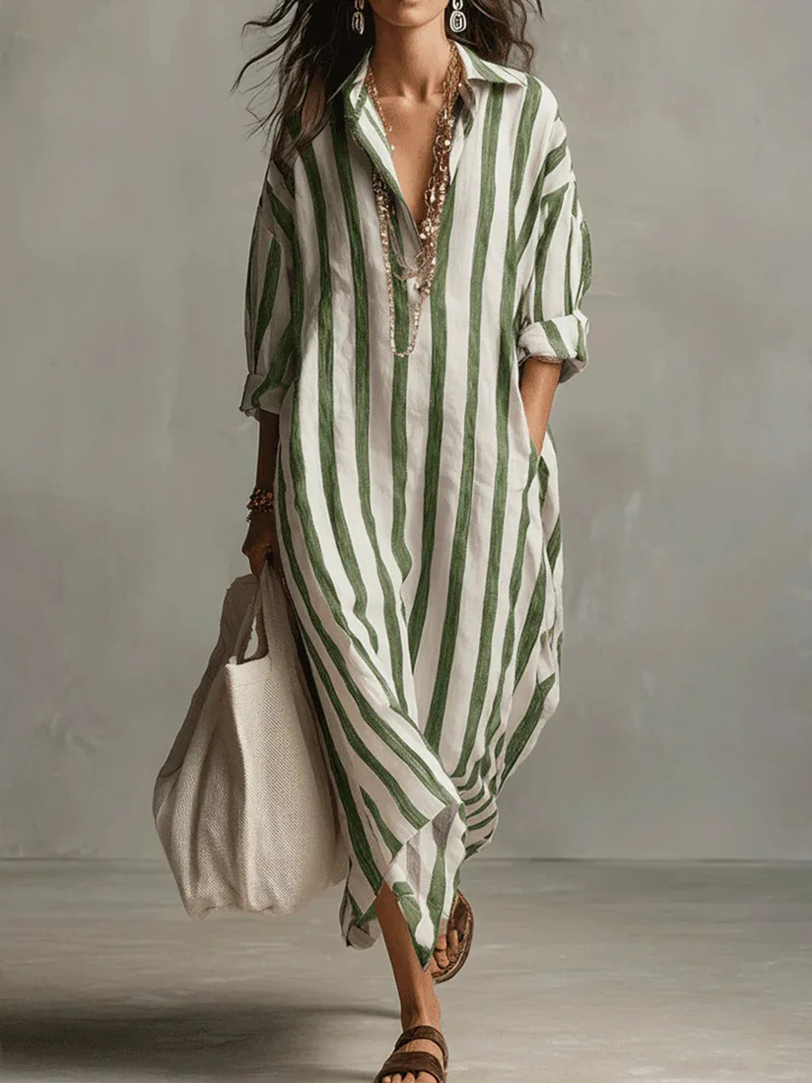 Striped Collared Oversized Casual Linen Maxi Dress