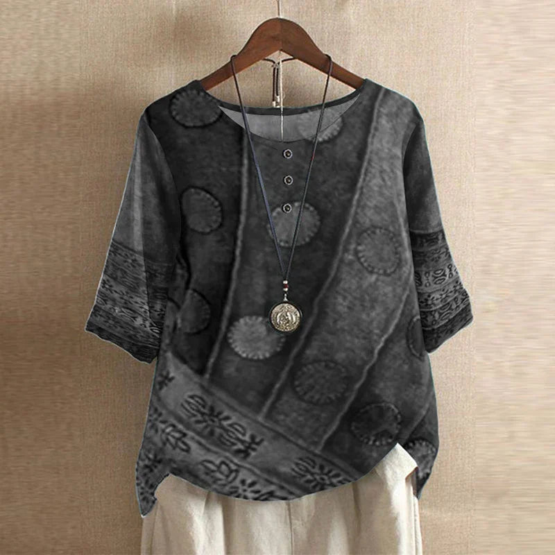 Vintage Floral Print Button Henley Relaxed Linen Blouse