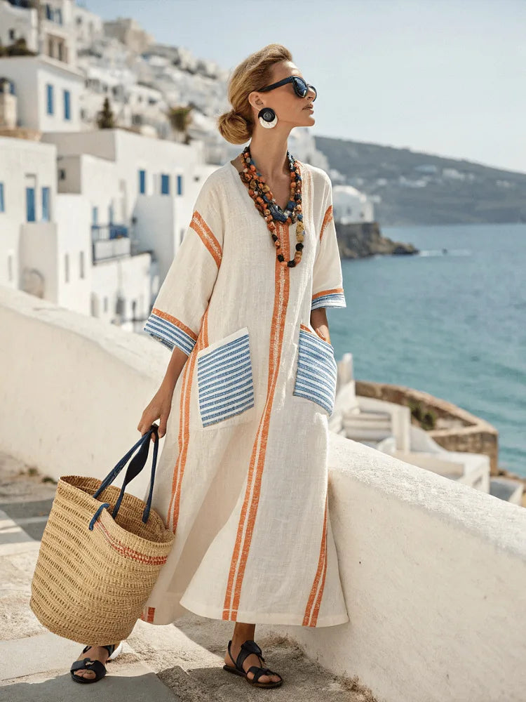 Striped Trim V-Neck Oversized Linen Beach Maxi Dress