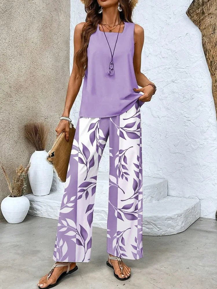 Leaf Print Sleeveless Top Wide Leg Trouser Two Piece Set