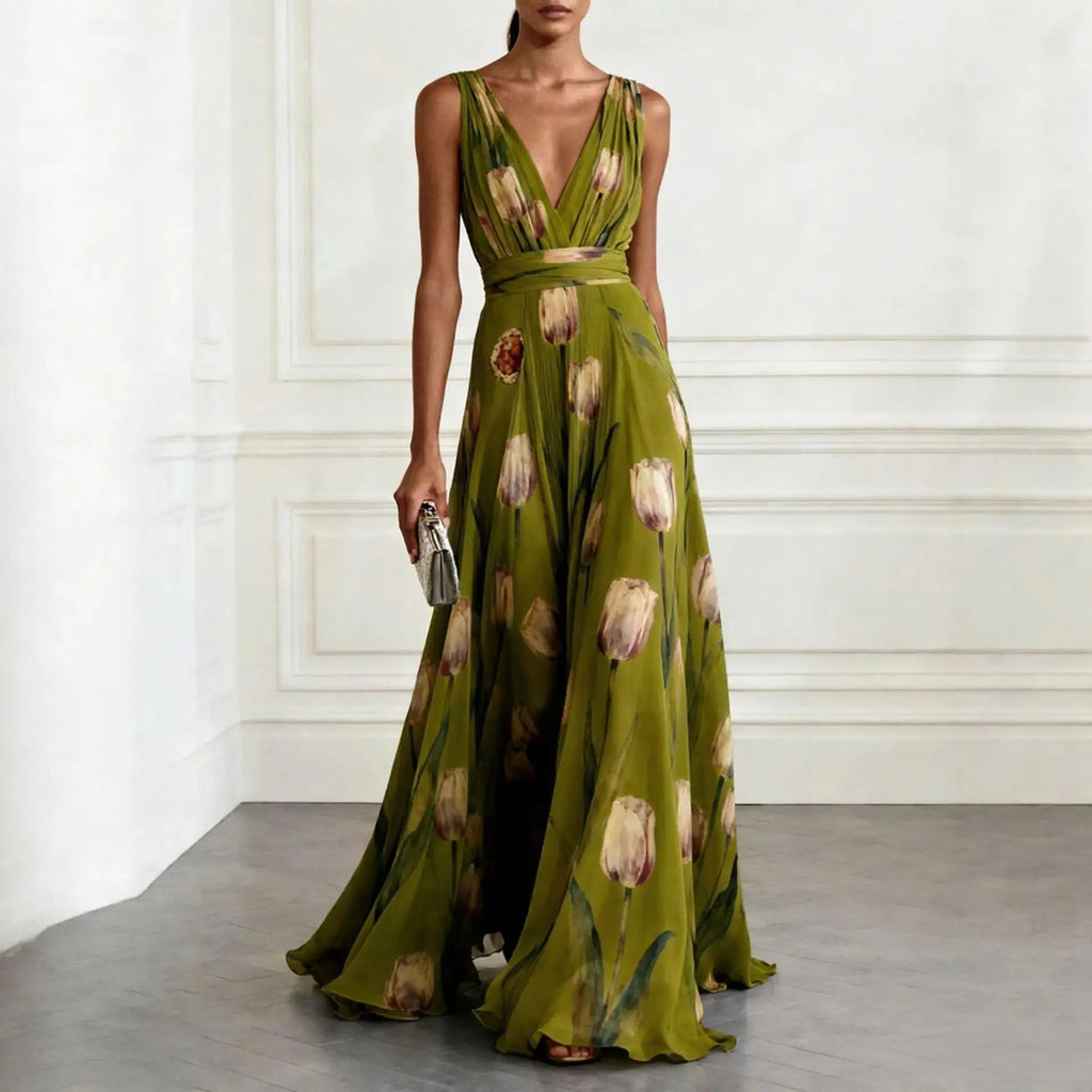 Floral Tulip Print Deep V Neck Chiffon Maxi Dress - Wedding Guest