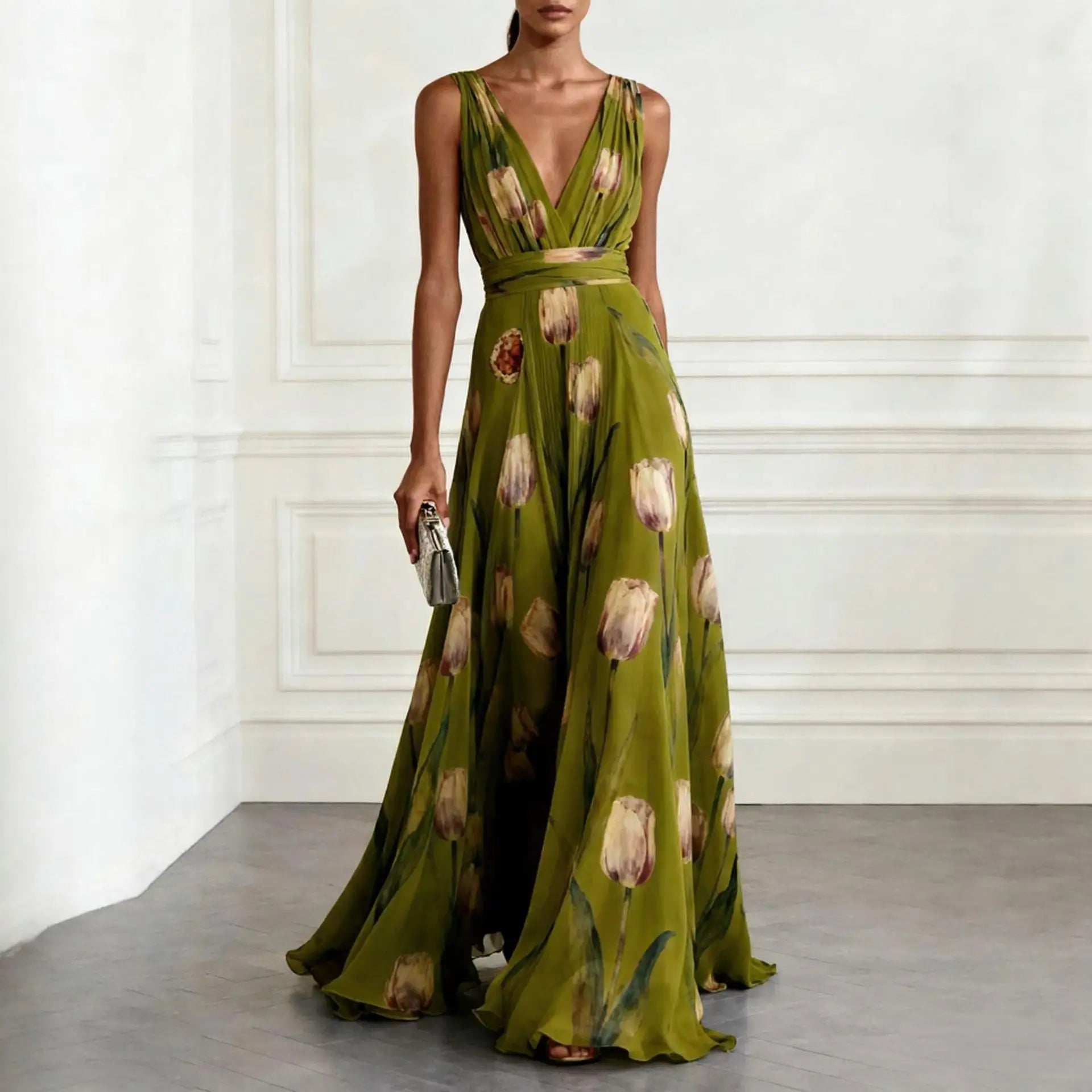 Floral Tulip Print V Neck Chiffon Maxi Dress - Wedding Guest