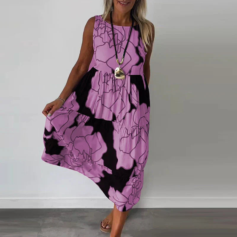 Floral Outline Print Sleeveless Gathered Casual Maxi Dress