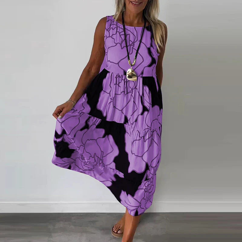 Floral Outline Print Sleeveless Gathered Casual Maxi Dress