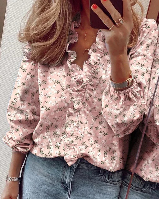 Ruffle Trim V Neck Long Sleeve Elegant Cotton Blouse