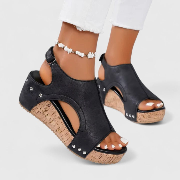 Studded Cutout Cork Wedge Sandals
