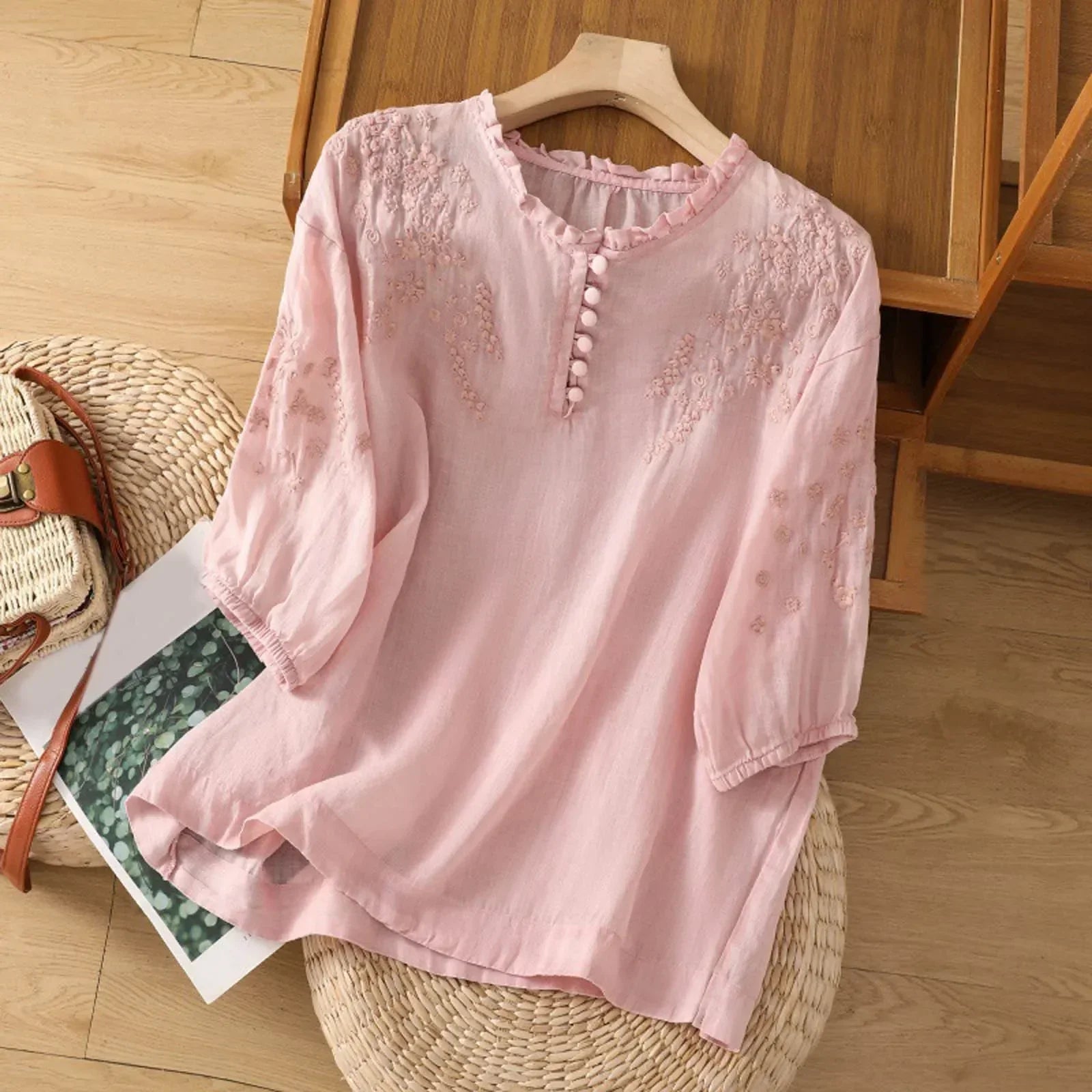 Floral Embroidered Ruffle Neck Puff Sleeve Cotton Blouse