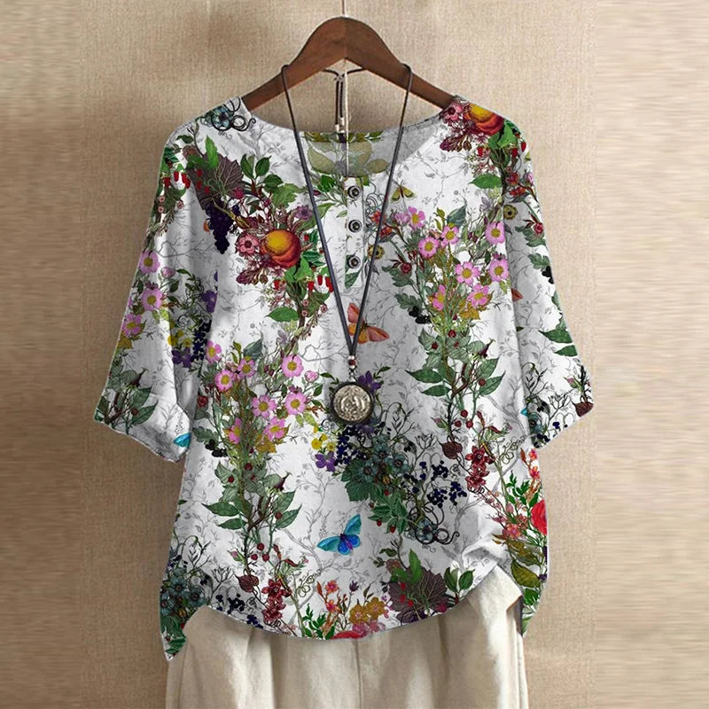 Vintage Floral Print Button Henley Relaxed Linen Blouse