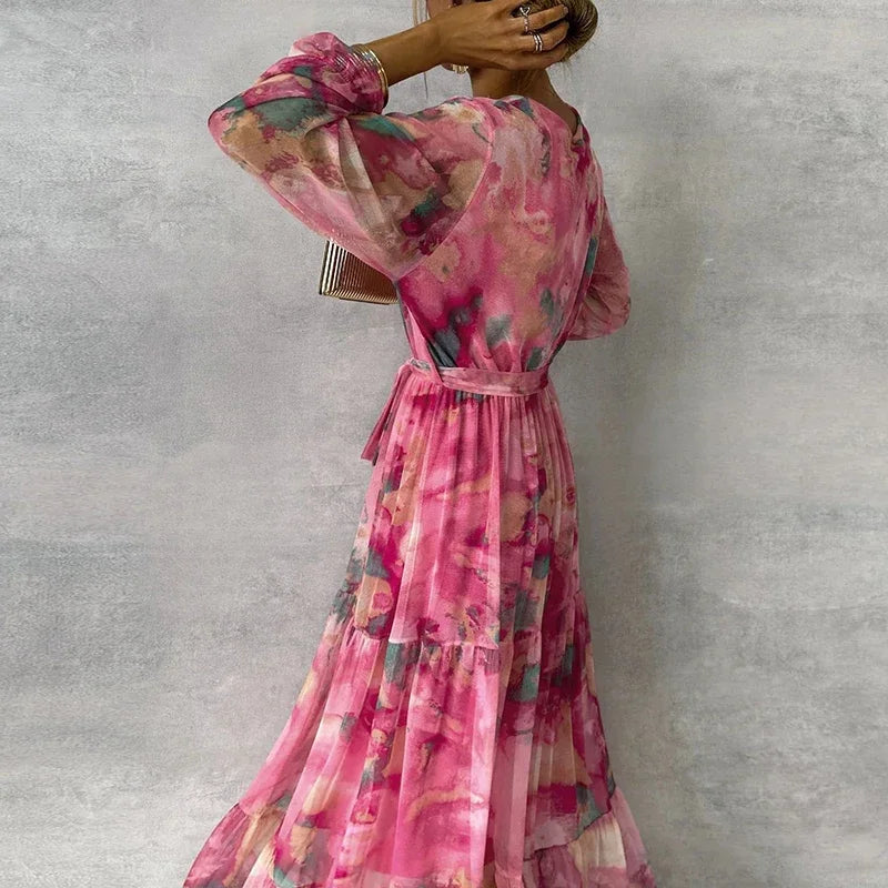 Abstract Floral Wrap V Neck Tie Waist Tiered Flowy Maxi Dress