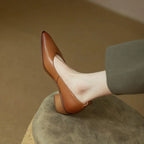 Leather Pointed Toe Slip On Mid Block Heel Court Shoe