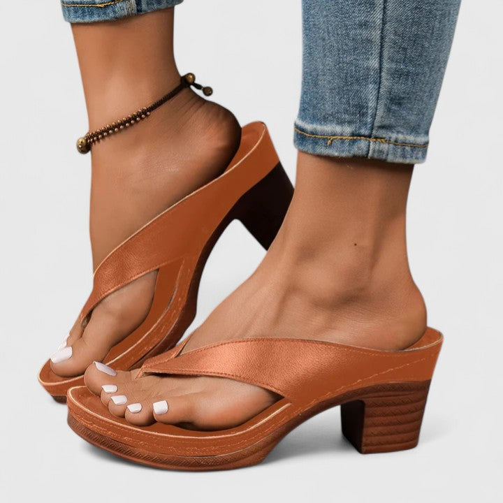 Leather Toe Loop Slip On Wooden Block Heel Sandal