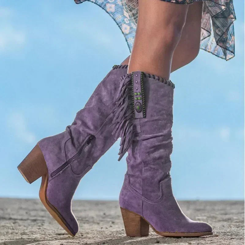 Suede Fringe Turquoise Stud Detail Slouch Block Heel Western Mid Calf Boot