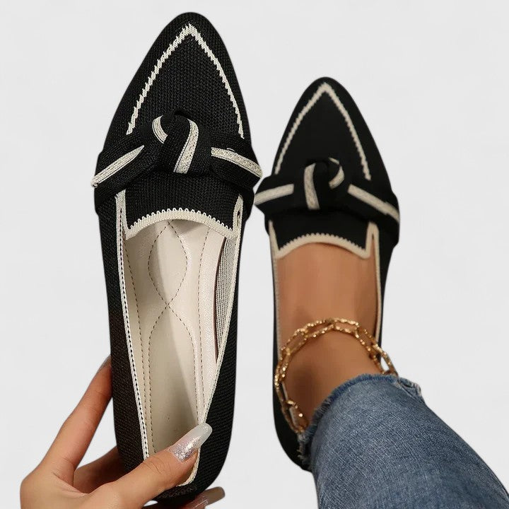 Contrast Trim Knot Detail Pointed Toe Knit Flat Loafer